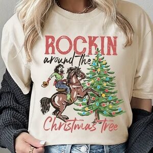 Vintage Style Rockin Around the Christmas Tree Cowgirl & Her Horse Tee